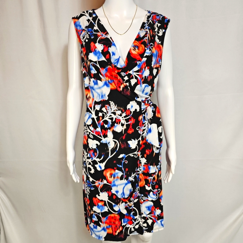 Dana Buchman Wrap Dress Large Sleeveless Floral Print Stretch Jersey Work Casual